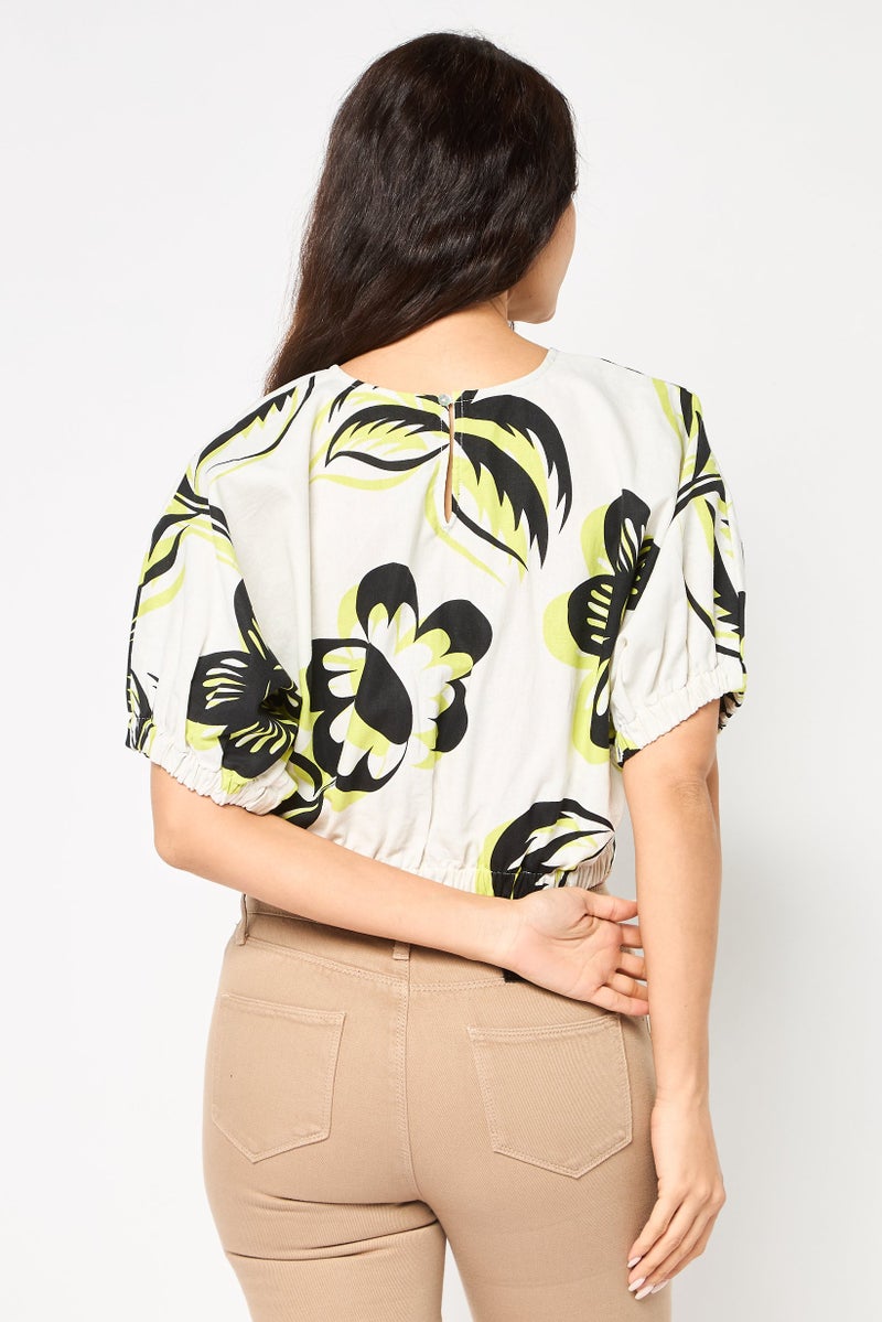 DESIGUAL Women Round Neck Short Sleeve Floral Print Cropped Top, White - Image 4