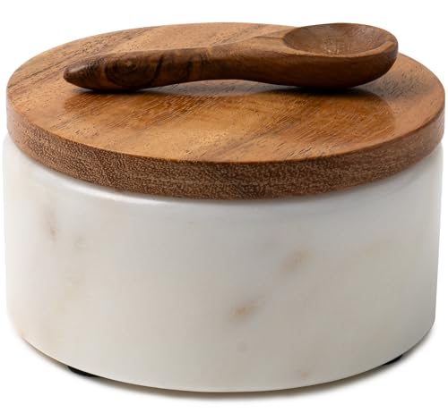 Cork & Mill White Marble Salt Cellar with Acacia Wood Lid and Spoon - Elegant Modern Handcrafted Container for Countertop - Keeps Spices Dry - Wide 4” Salt Pig with Non-Skid Feet - Image 1