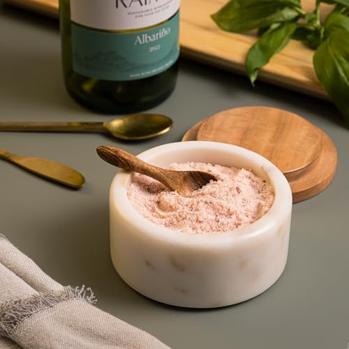 Cork & Mill White Marble Salt Cellar with Acacia Wood Lid and Spoon - Elegant Modern Handcrafted Container for Countertop - Keeps Spices Dry - Wide 4” Salt Pig with Non-Skid Feet - Image 4