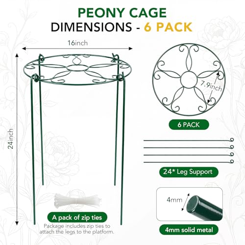 FuBegi 6 Pack 16 x 24 Inch Peony Cages and Supports, 16" D x 24" H Grow Through Plant Support Grid Brace for Outdoor Plants Flower, Metal Peony Stake Peony Ring Hoops Frame Support for Rose Tomato Vegetables - Image 2
