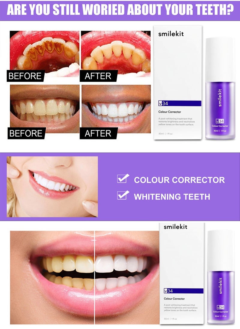 SMILEKIT ﻿v34 Teeth Color Corrector, Purple Teeth Whitening Toothpaste, Remove Stains, Teeth Whitening Purple Toothpaste, Remove Coffee, Stains, Yellow Teeth (30ml）  - Image 3