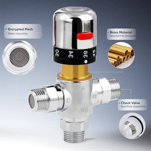 Fyeer 3-Way Thermostatic Mixing Valve, DN15 Temperature Control Bathroom Faucet and Shower Water Mixer Valve G1/2 NPS Male Connections,Chrome… - Image 2