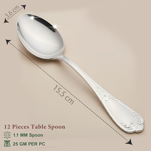 Parage 12 Pieces Stainless Steel Dinner/Table Spoons, Length 15.5cm, Set of 12, Silver (Moti) - Image 3