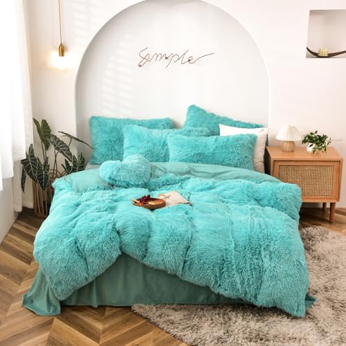 MorroMorn 5 PCS Shaggy Duvet Cover Bedding Set Long Faux Fur Luxury Ultra Soft Aqua FullQueen