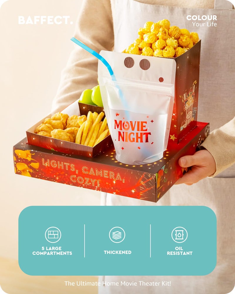 Baffect Movie Night Snack Trays 140pcs, Include Movie Snack Trays, Drink Pouches With Straws, Popcorn Boxes, Salad Bowls, Nacho Bowls & Movie Party Invitations, For 20 Outdoor Movie Night Party Guests - Image 2