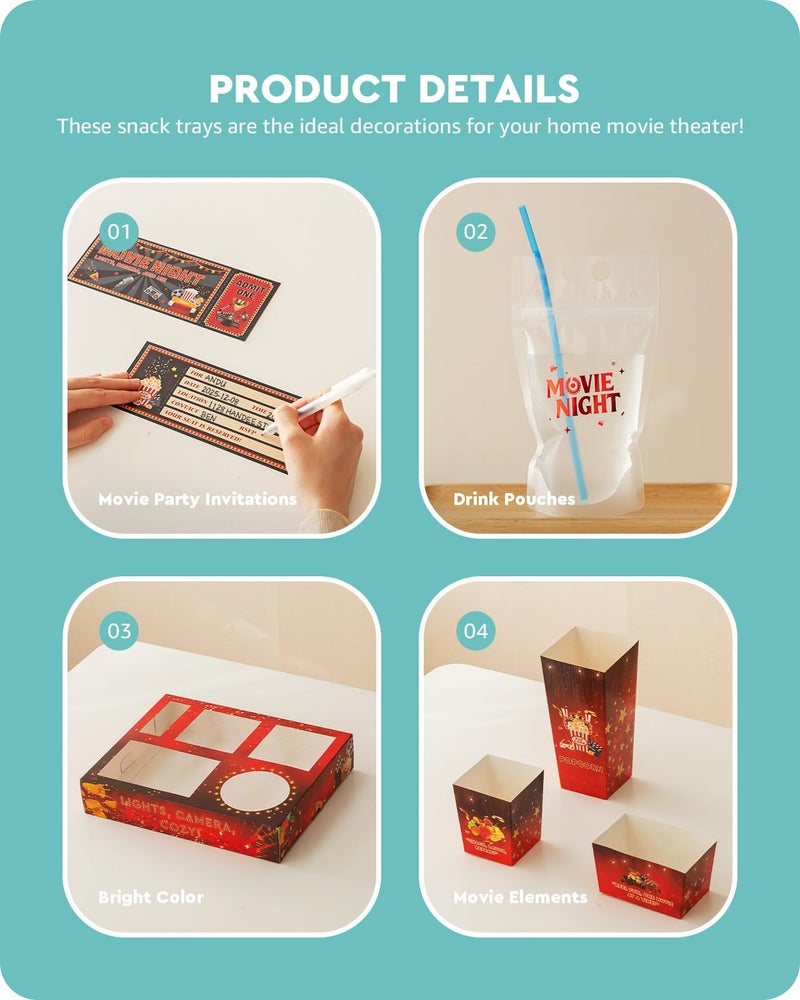 Baffect Movie Night Snack Trays 140pcs, Include Movie Snack Trays, Drink Pouches With Straws, Popcorn Boxes, Salad Bowls, Nacho Bowls & Movie Party Invitations, For 20 Outdoor Movie Night Party Guests - Image 5