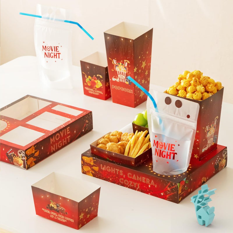 Baffect Movie Night Snack Trays 140pcs, Include Movie Snack Trays, Drink Pouches With Straws, Popcorn Boxes, Salad Bowls, Nacho Bowls & Movie Party Invitations, For 20 Outdoor Movie Night Party Guests - Image 1