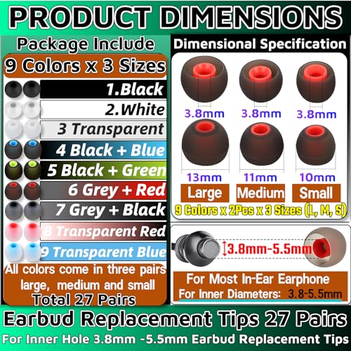 WenTigDY Earbud Replacement Tips 54Pcs,3 Sizes S/M/L, 9 Colors Silicone Tips Headphone Covers Ear Bud Rubber Tips Silicone Earbud for Ears Headphone Ear Covers Replacement (Inner Hole 3.8mm -5.1mm) - Image 2