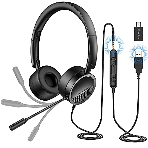 New bee USB Headset with Mic for PC, On-Ear Computer Laptop Headphones with Noise Cancelling Microphone & USB-C Adapter for Home Office Online Class Skype Zoom (Black) - Image 1