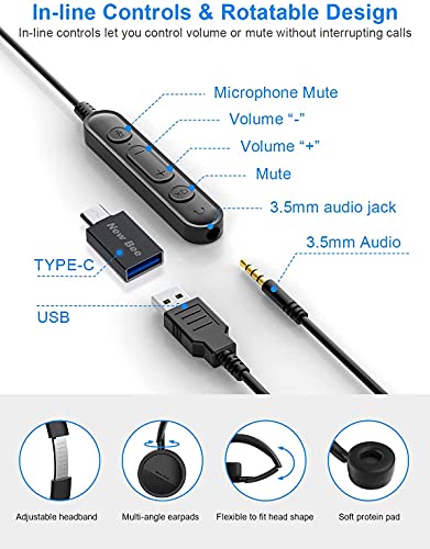 New bee USB Headset with Mic for PC, On-Ear Computer Laptop Headphones with Noise Cancelling Microphone & USB-C Adapter for Home Office Online Class Skype Zoom (Black) - Image 5