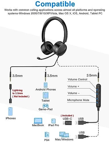 New bee USB Headset with Mic for PC, On-Ear Computer Laptop Headphones with Noise Cancelling Microphone & USB-C Adapter for Home Office Online Class Skype Zoom (Black) - Image 4