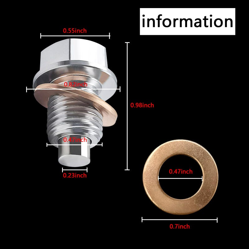 Sodcay Magnetic Oil Drain Plug M12X1.25  Stainless Steel Oil Drain Plug With 5 Pcs Copper Crush Washer Anti Leakage Replacement For Car Motorcycle Boat - Image 2
