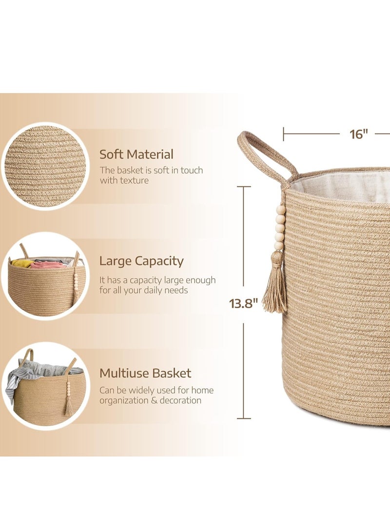 Stylish Woven Storage Basket with Handles - Perfect for Blankets, Toys, Clothes & Plants - 16" W x 13.8" L Jute Organizer for Home Decor - Image 3