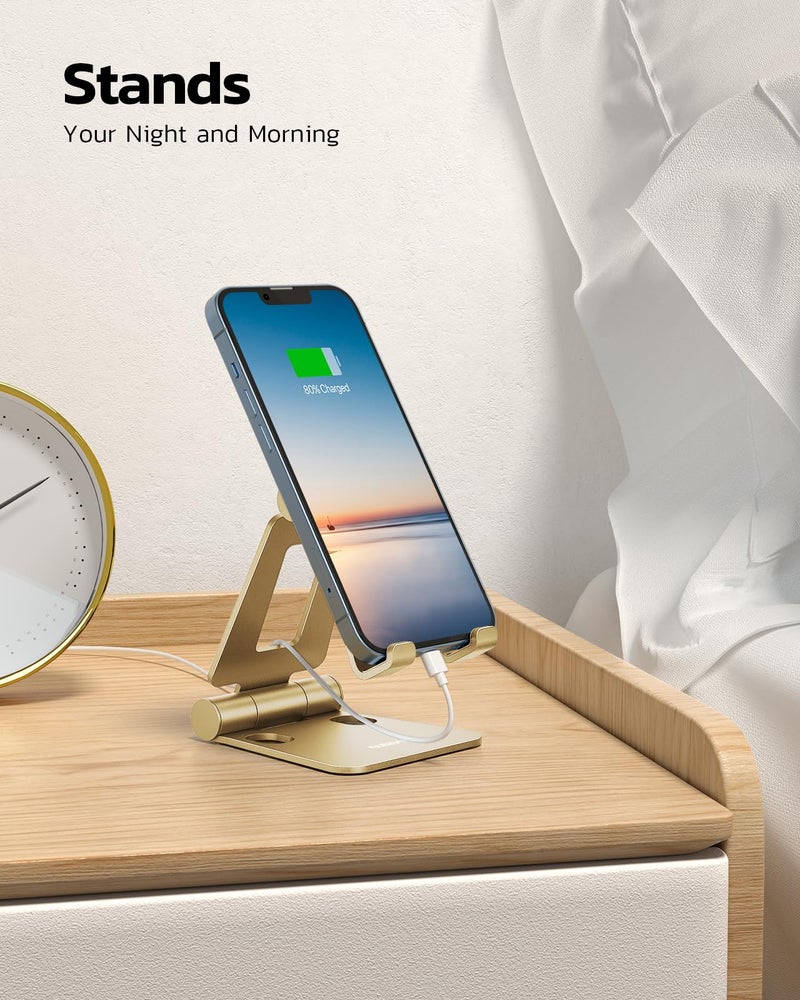 Nulaxy Dual Folding Cell Phone Stand, Fully Adjustable Foldable Desktop Phone Holder Cradle Dock Compatible with iPhone 17 16 15 14 13 12 11 Pro Xs Xs Max Xr X 8, Nintendo Switch, All Phones - Gold - Image 3