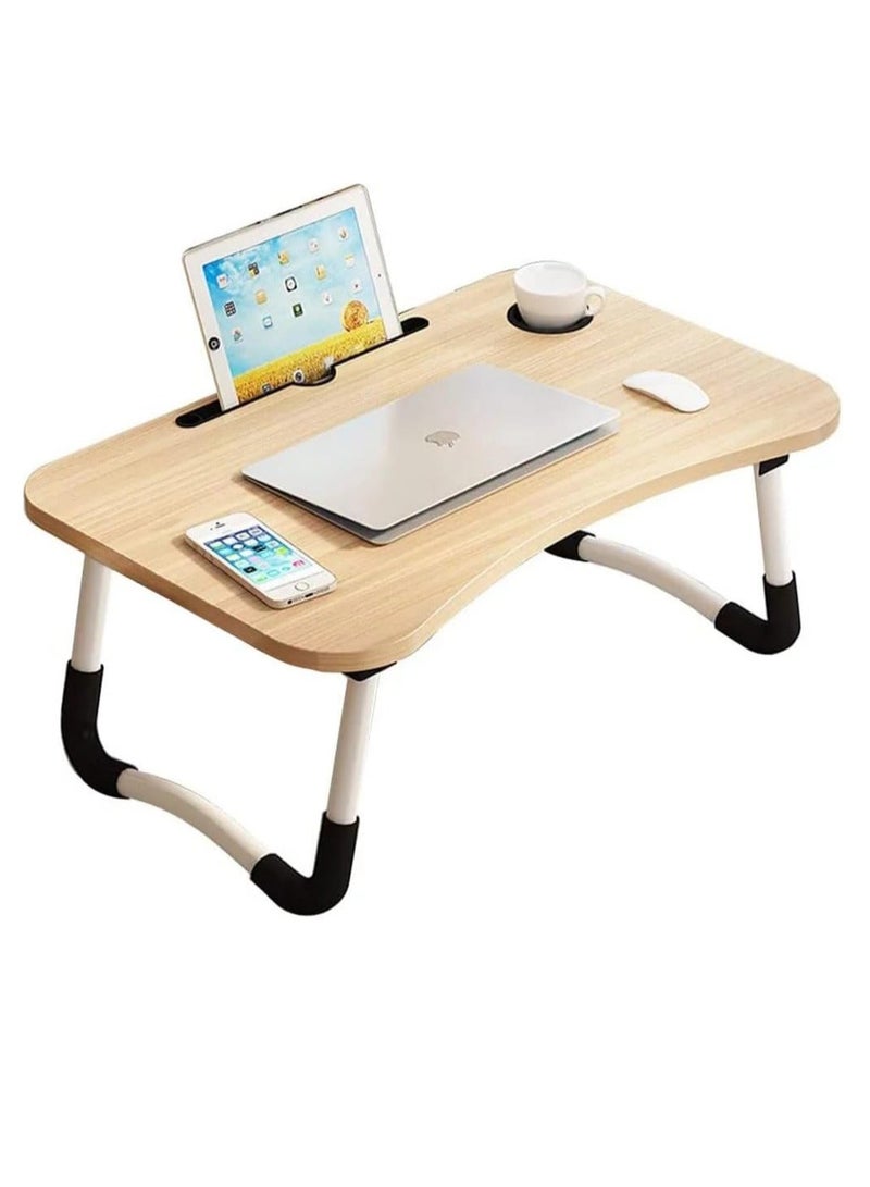 Meetion Portable Folding Laptop Desk for Bed，With iPad and Cup Holder Adjustable Lap Tray Notebook Stand， Foldable Non-Slip Legs Reading Table Tray for working，studying，camping 60x40x28cm Beige - Image 1