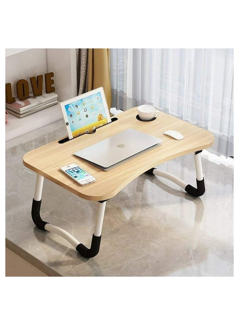 Meetion Portable Folding Laptop Desk for Bed，With iPad and Cup Holder Adjustable Lap Tray Notebook Stand， Foldable Non-Slip Legs Reading Table Tray for working，studying，camping 60x40x28cm Beige - Image 2