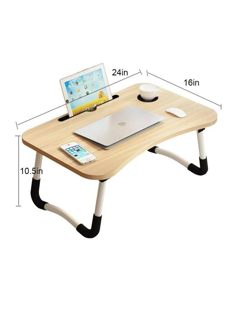Meetion Portable Folding Laptop Desk for Bed，With iPad and Cup Holder Adjustable Lap Tray Notebook Stand， Foldable Non-Slip Legs Reading Table Tray for working，studying，camping 60x40x28cm Beige - Image 3