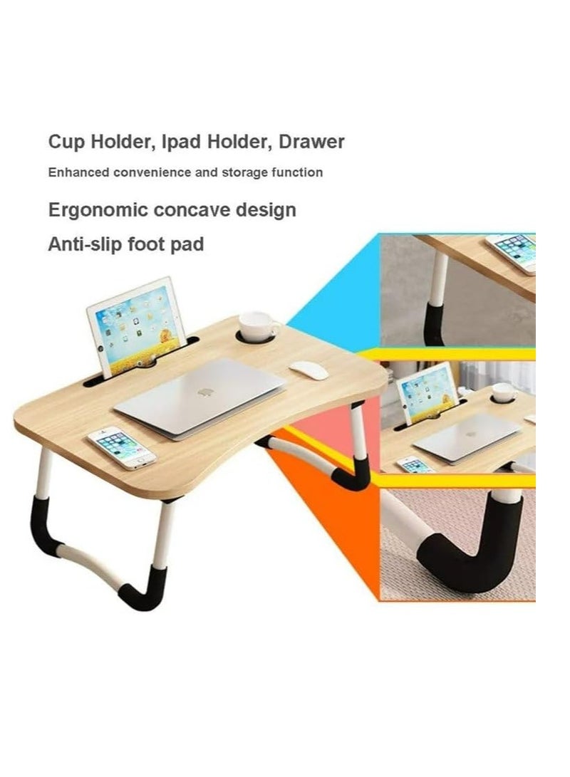 Meetion Portable Folding Laptop Desk for Bed，With iPad and Cup Holder Adjustable Lap Tray Notebook Stand， Foldable Non-Slip Legs Reading Table Tray for working，studying，camping 60x40x28cm Beige - Image 4