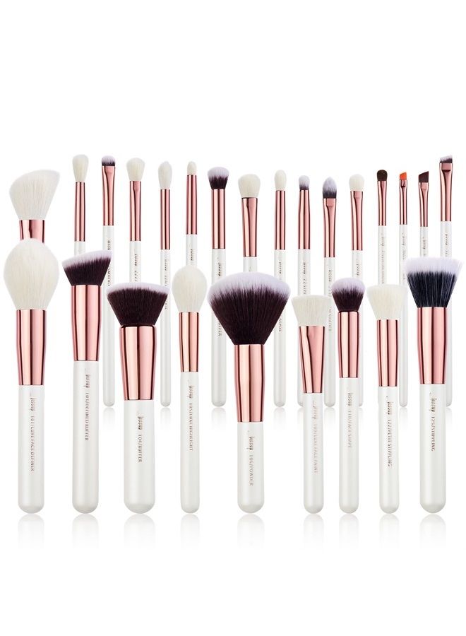 Jessup مجموعة فرش مكياج احترافية 25 قطعة من العلامة التجارية - فرش تجميلية، أساس، أحمر خدود، رموش، أحمر شفاه، فرش شعر طبيعية-اصطناعية (أبيض لؤلؤي/ذهب وردي) - Image 1