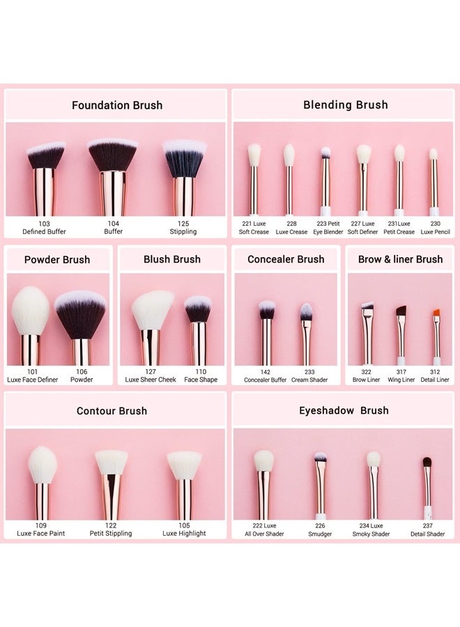 Jessup مجموعة فرش مكياج احترافية 25 قطعة من العلامة التجارية - فرش تجميلية، أساس، أحمر خدود، رموش، أحمر شفاه، فرش شعر طبيعية-اصطناعية (أبيض لؤلؤي/ذهب وردي) - Image 2