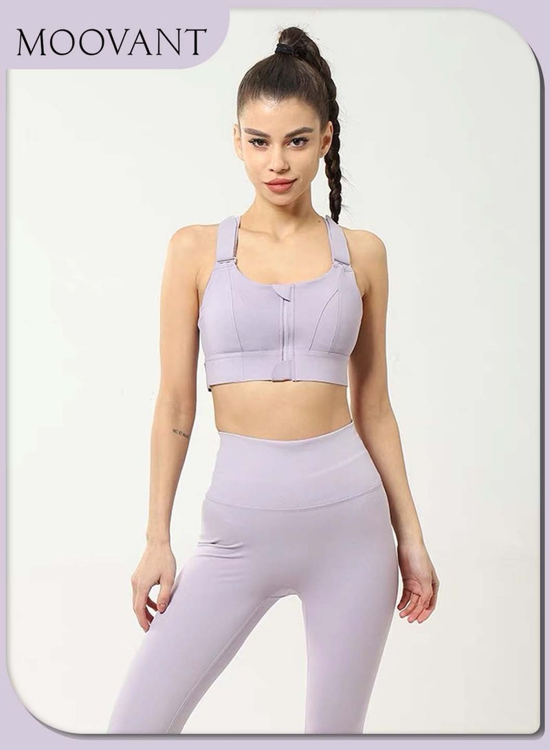 Moovant Premium Sports Bra for Women, Yoga Workout High Impact Front Close Tank Tops Adjustable Straps Support Cross Back Bra, Yoga Running Balling Fitness Shockproof Push Up Bra, Purple - Image 1