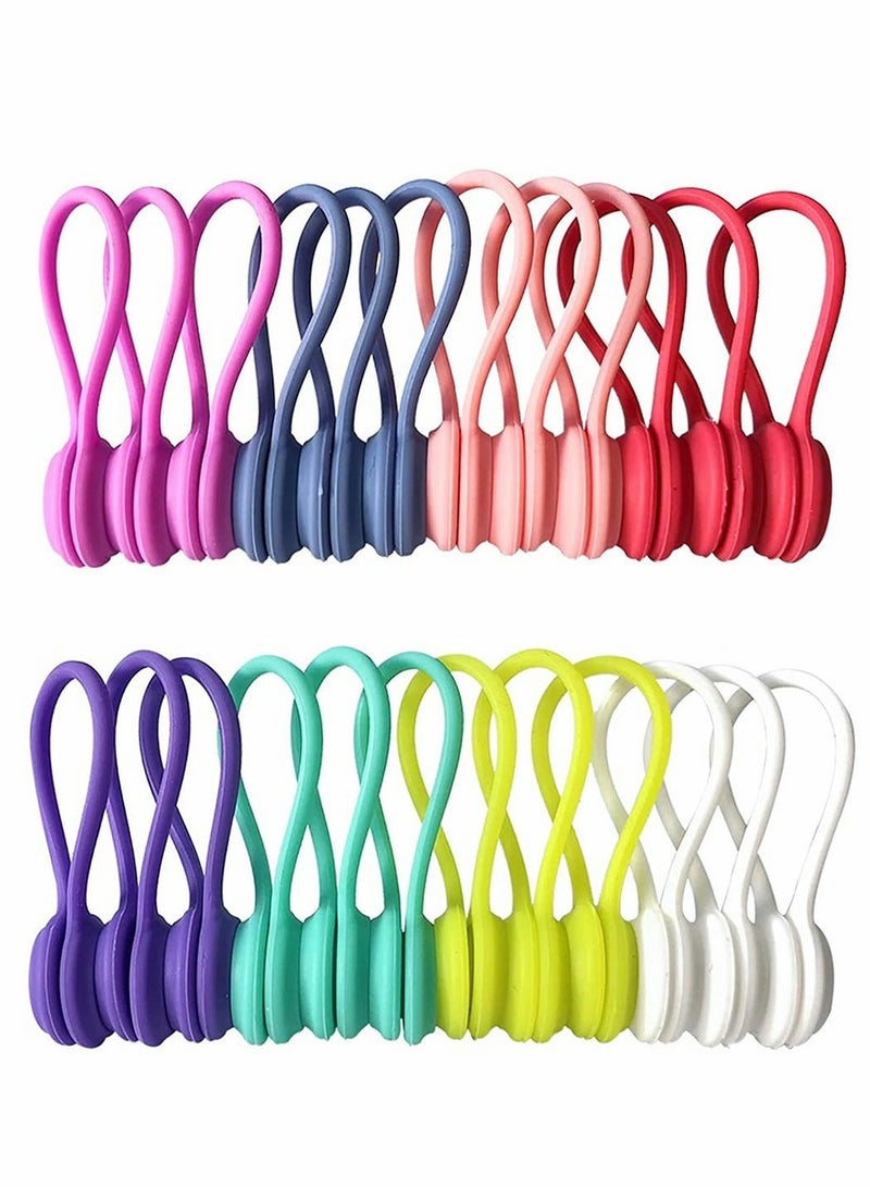 Reusable Twist Ties with Strong Magnet for Bundling and Organizing Cables, Headphone Cables, USB Charging Cords, Silicone Cord Winder Magnetic Cable Clips (8 Colors, 24 Pack) - Image 1