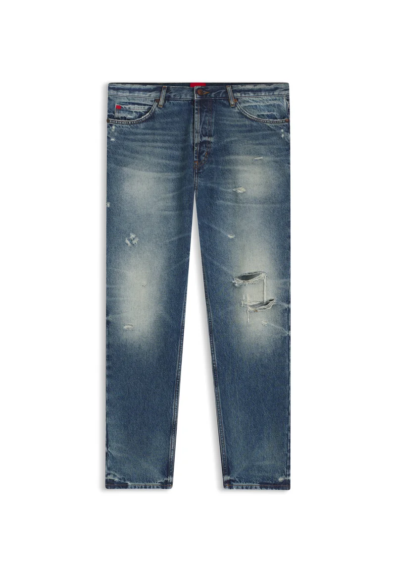 HUGO Tapered-fit jeans in distressed blue denim