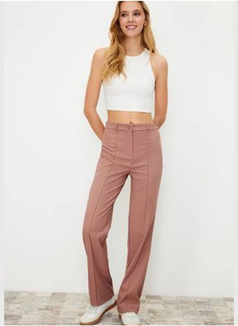 trendyol Pale Pink Straight/Straight Fit High Waist Ribbed Stitched Woven Trousers