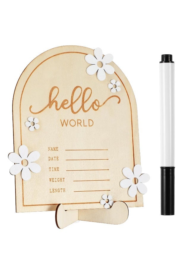 LLOUSSAK Wooden Baby Announcement Sign, Hello World Name Sign for Newborn with Holder  Pen, Daisy Birth Announcement Board - Image 1