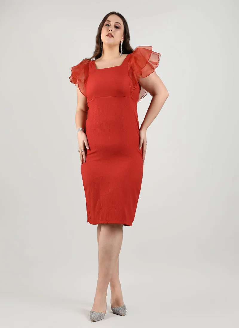 Instafab Plus Women's Scarlet Red Solid Dress With Organza Detail For Casual Wear | Square Neck | Short Sleeve | Pull On Closure | Plus-Size Dress Crafted With Comfort With For Everyday Wear