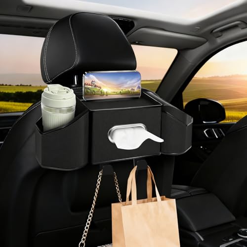 Hiitytin 7In1 Car Seat Back Organizer with Cup Holders Tissue Box Garbage CanHooks Multifunctional Headrest Storage Organizer Headrest Cup Holder for Backseat Car Accessories for Trips TravelsBlack - Image 1