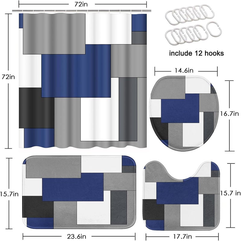 Tayney Navy Blue Geometric Shower Curtain Sets with Toilet Lid Cover and Non-Slip Rugs, Black White Grey Checkered 4 Pcs Shower Curtain Set, Modern Shower Curtains for Bathroom Set with 12 Hooks - Image 2