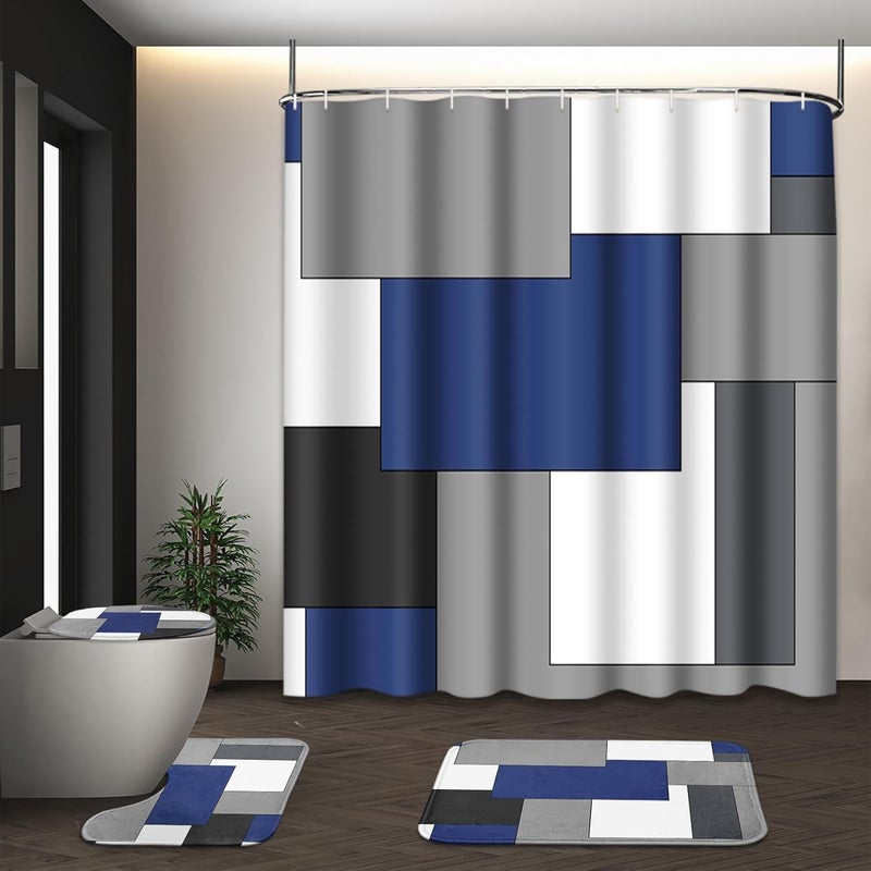 Tayney Navy Blue Geometric Shower Curtain Sets with Toilet Lid Cover and Non-Slip Rugs, Black White Grey Checkered 4 Pcs Shower Curtain Set, Modern Shower Curtains for Bathroom Set with 12 Hooks - Image 1