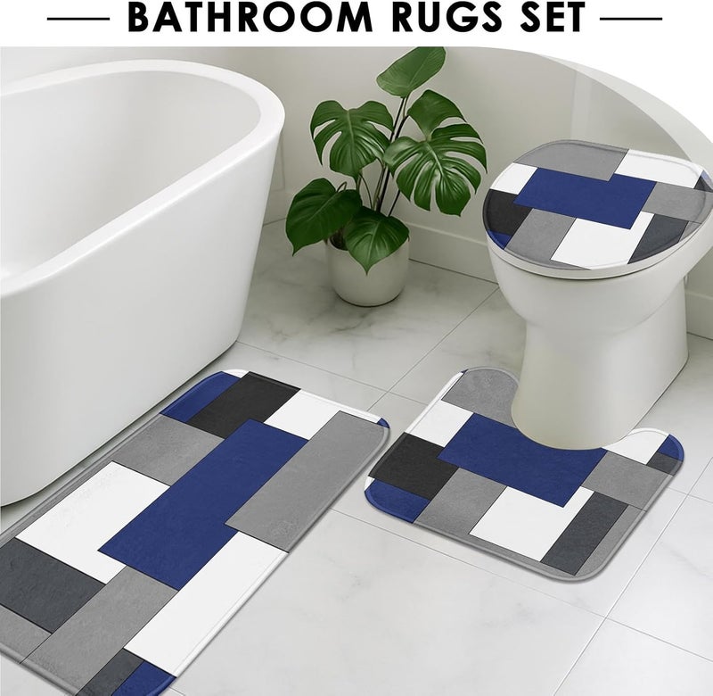 Tayney Navy Blue Geometric Shower Curtain Sets with Toilet Lid Cover and Non-Slip Rugs, Black White Grey Checkered 4 Pcs Shower Curtain Set, Modern Shower Curtains for Bathroom Set with 12 Hooks - Image 5