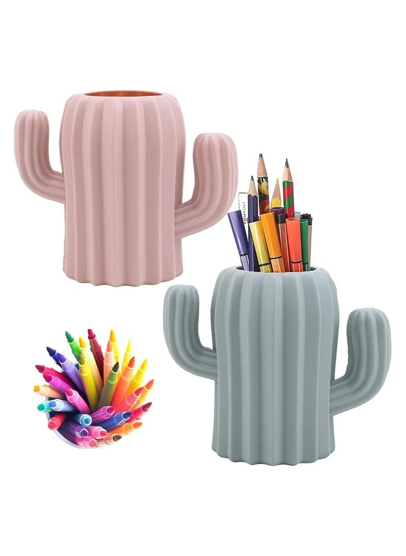 Oasisgalore - 2-Piece Cactus Desk Holder Set | Pen/Pencil & Brush Storage (Pink, Green) - Image 1