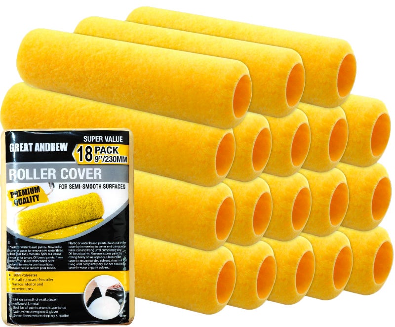 Great Andrew 18 PCS Paint Roller Covers 9 Inch 38 Nap Paint Roller Kit Dense Fibers for Painting SemiSmooth Textured Surfaces Fit 9 Paint Roller Frame