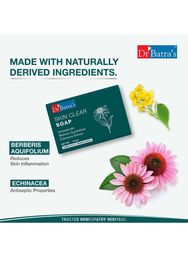 Dr Batra's Skin Clear Soap, Enriched with Berberis aquifolium,Echinacea | reducing active breakouts | Lighten acne scars, sun tan, and hyperpigmentation | Removes impurities, cleanses pores, and reduces dullness | 75g - Pack of 4 - Image 2