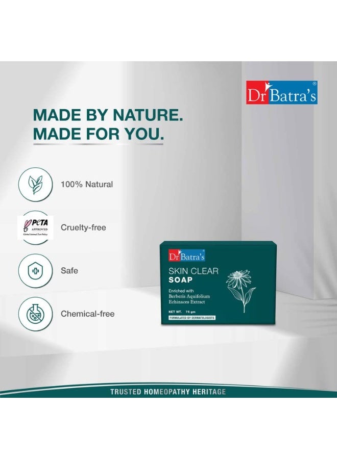 Dr Batra's Skin Clear Soap, Enriched with Berberis aquifolium,Echinacea | reducing active breakouts | Lighten acne scars, sun tan, and hyperpigmentation | Removes impurities, cleanses pores, and reduces dullness | 75g - Pack of 4 - Image 4