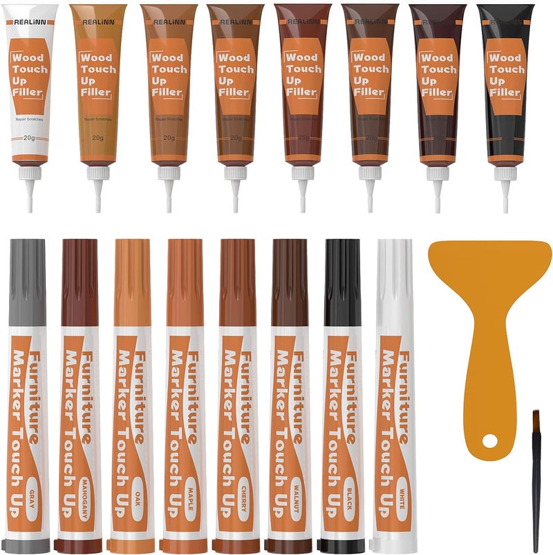 REALINN Wood Furniture Repair Kit 8 Dark Colors- Wood Fillers and Touch Up Markers, Repair Scratch, Cracks, Discoloration for Wooden Door, Floor, Table, Cabinet - Image 1