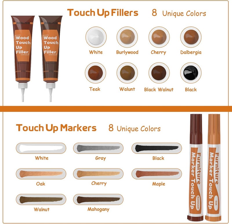 REALINN Wood Furniture Repair Kit 8 Dark Colors- Wood Fillers and Touch Up Markers, Repair Scratch, Cracks, Discoloration for Wooden Door, Floor, Table, Cabinet - Image 2