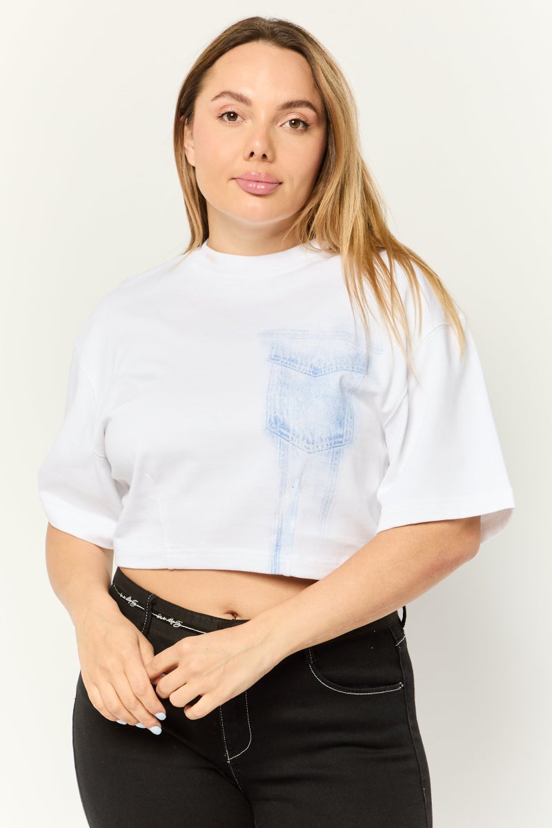 ESPRIT Women Crew Neck Short Sleeve Graphic Print Crop Top, White - Image 1