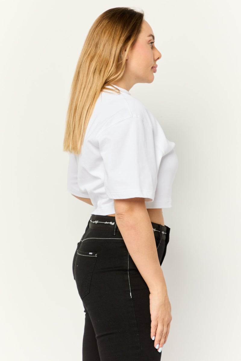 ESPRIT Women Crew Neck Short Sleeve Graphic Print Crop Top, White - Image 3