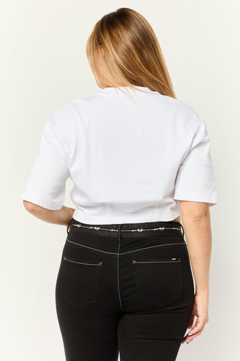 ESPRIT Women Crew Neck Short Sleeve Graphic Print Crop Top, White - Image 2