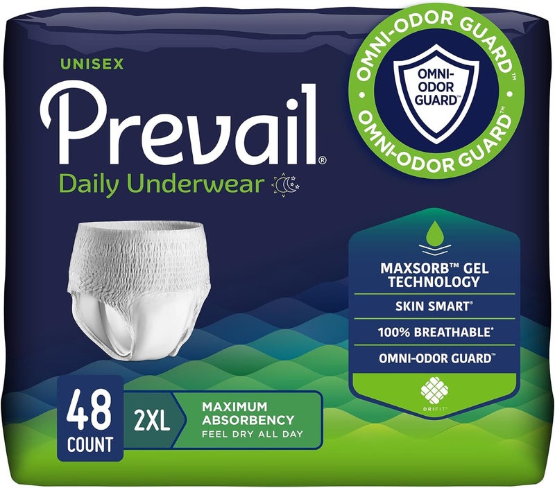 Prevail Daily Protective Underwear - Unisex Adult Incontinence Underwear - Disposable Adult Diaper for Men & Women - Maximum Absorbency - XX-Large - 12 Count (Pack of 4) - Image 1