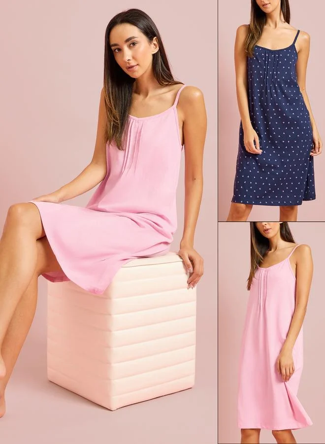 Styli Pack Of 2 - Solid & Heart Print Pintuck Detail Slipdress - Knee