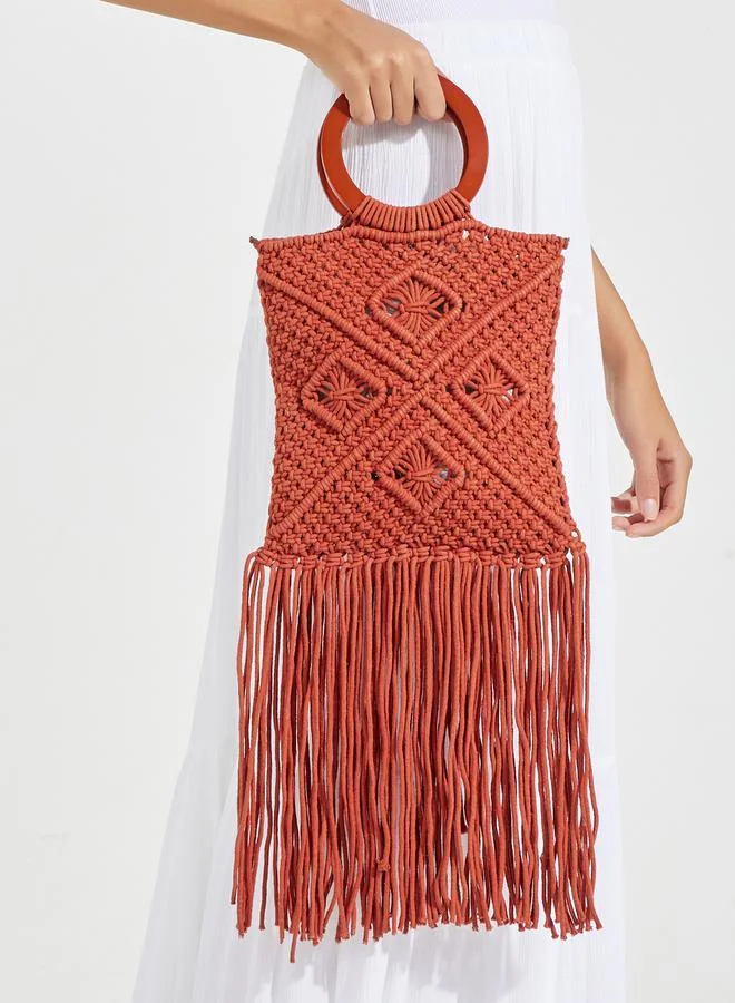 Styli Crochet Diamond Pattern O Ring Handbag