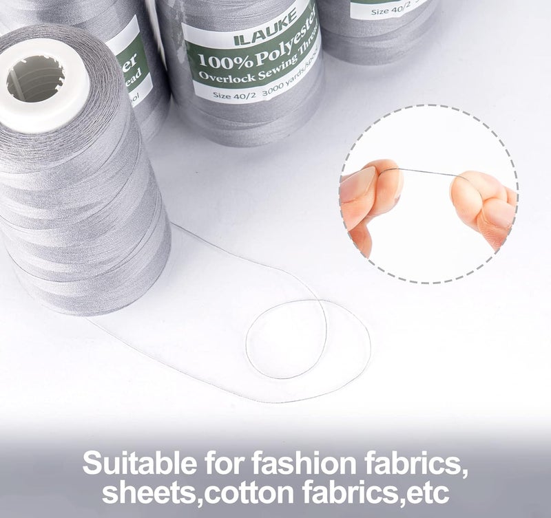 ilauke 3000 Yards Serger Thread of 4 Cones Each Spool 100% Polyester Sewing Thread All Purpose Sewing Thread for Serger Sewing Machine, Overlock Cone Sewing Supplies, 40S/2 Grey - Image 3