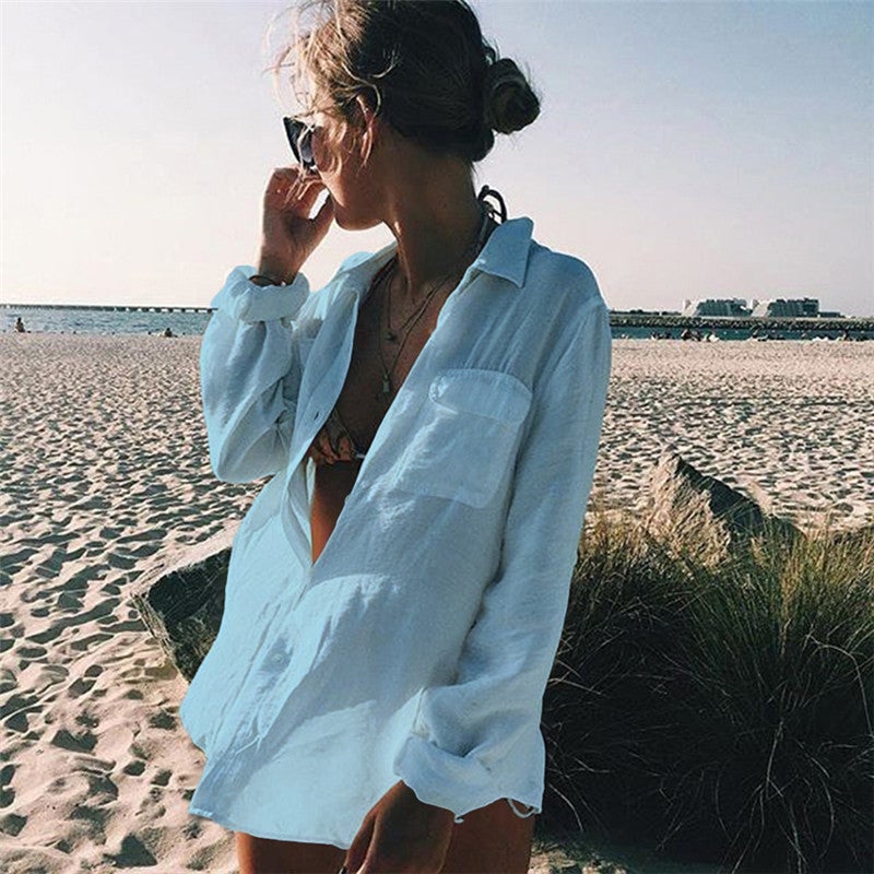 Women's Button Front Beach Cover Up Cardigan Bikini Cover Up 8 Colors - Image 4
