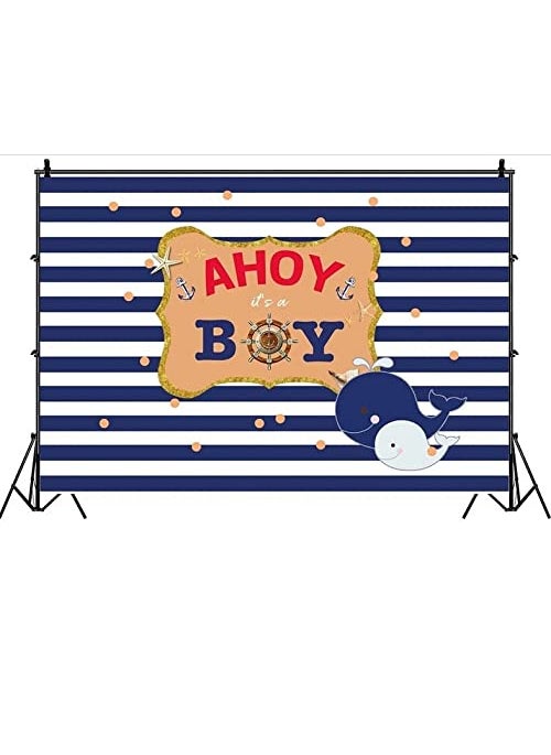 Theme My Party - Theme My Party Nautical-Ahoy Birthday Party Backdrop for Photography Banner Kids Event Cake Table Decor Home Decoration Photo Booth Background (7ft X 5ft) - Image 1