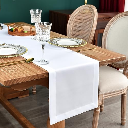 NEWISHER Farmhouse Rustic Table Runner Solid White Rectangular Table Runners Faux Linen Table Runner for Everyday Use Kitchen Dining Party Table 13x48 Inch - Image 1